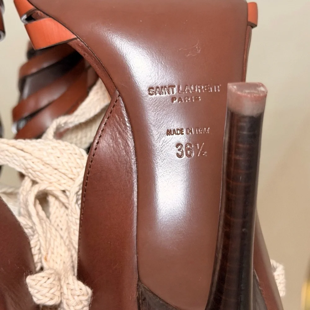Saint Laurent Brown Leather High Heel Sandals with Cream Rope Trim - Picture 9 of 10
